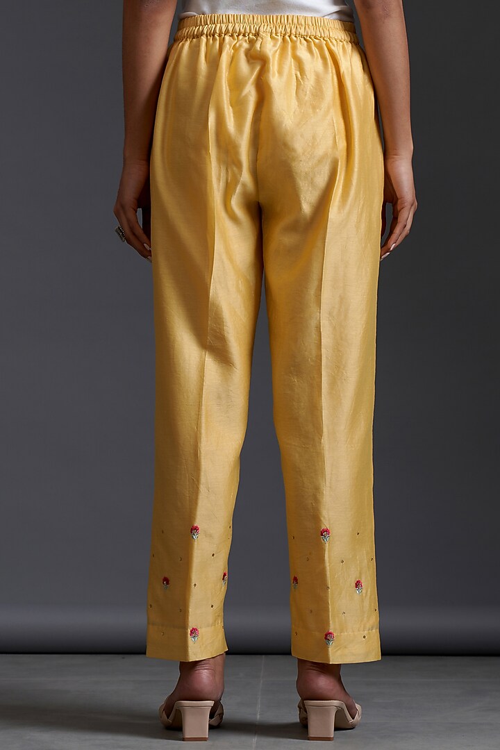 Yellow Silk Chanderi Hand Embroidered Pants by Anantaa By Roohi Trehan at Pernia's Pop Up Shop