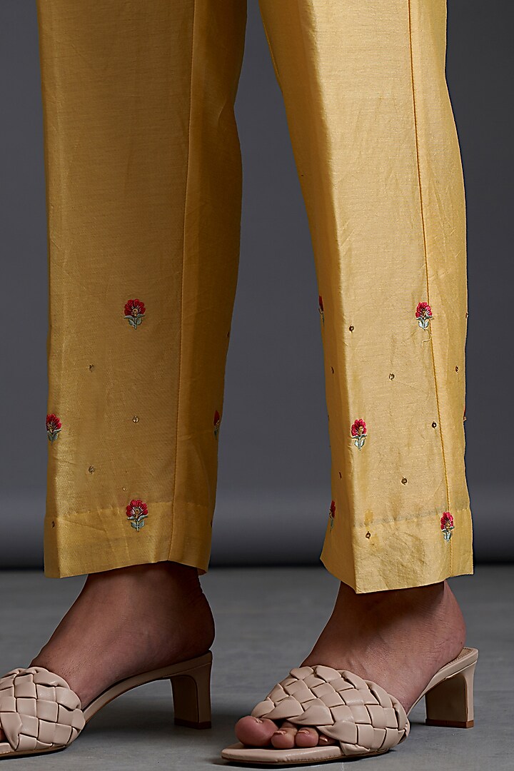 Yellow Silk Chanderi Hand Embroidered Pants by Anantaa By Roohi Trehan at Pernia's Pop Up Shop