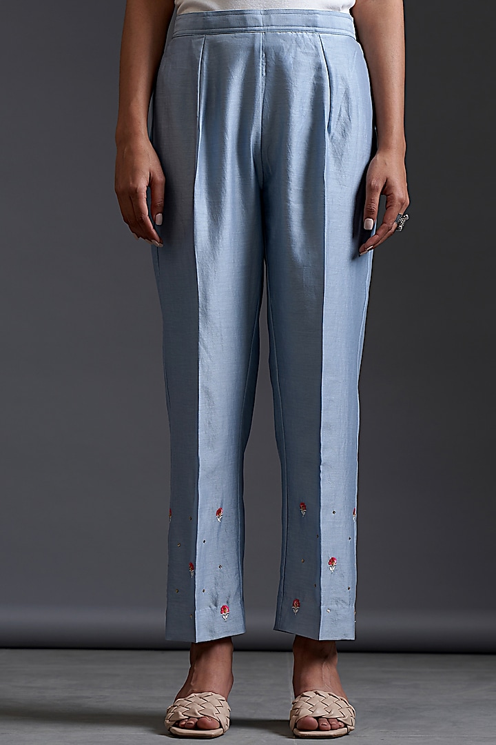 Blue Silk Chanderi Hand Embroidered Pants by Anantaa By Roohi Trehan