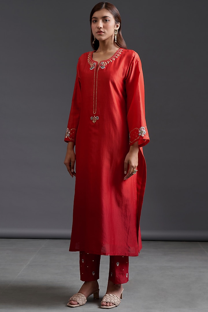 Maroon Silk Chanderi Hand Embroidered Pants by Anantaa By Roohi Trehan at Pernia's Pop Up Shop