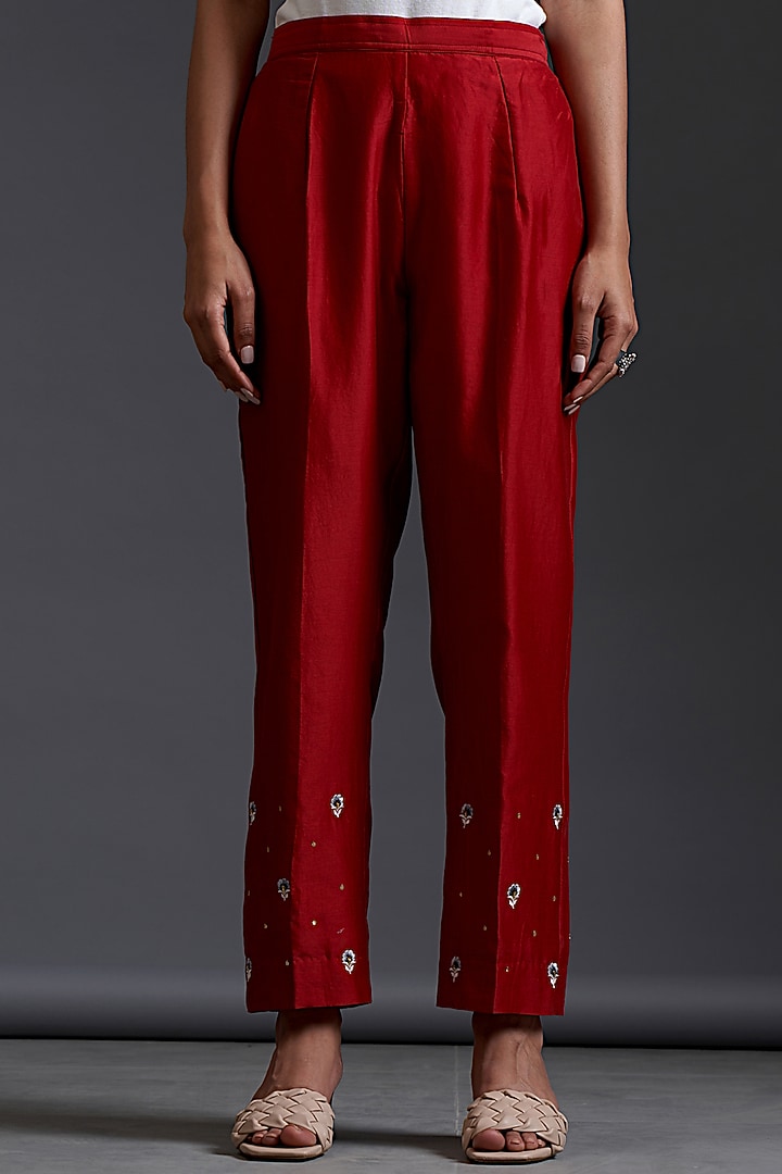 Maroon Silk Chanderi Hand Embroidered Pants by Anantaa By Roohi Trehan at Pernia's Pop Up Shop