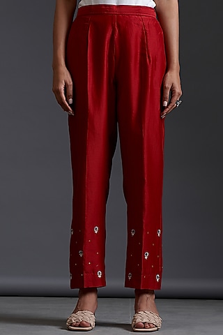 Maroon Silk Chanderi Hand Embroidered Pants by Anantaa By Roohi Trehan