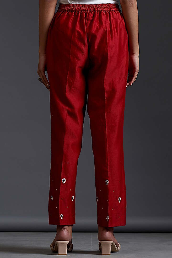 Maroon Silk Chanderi Hand Embroidered Pants by Anantaa By Roohi Trehan at Pernia's Pop Up Shop