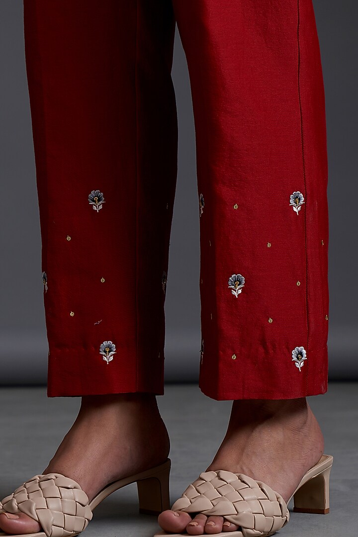 Maroon Silk Chanderi Hand Embroidered Pants by Anantaa By Roohi Trehan at Pernia's Pop Up Shop