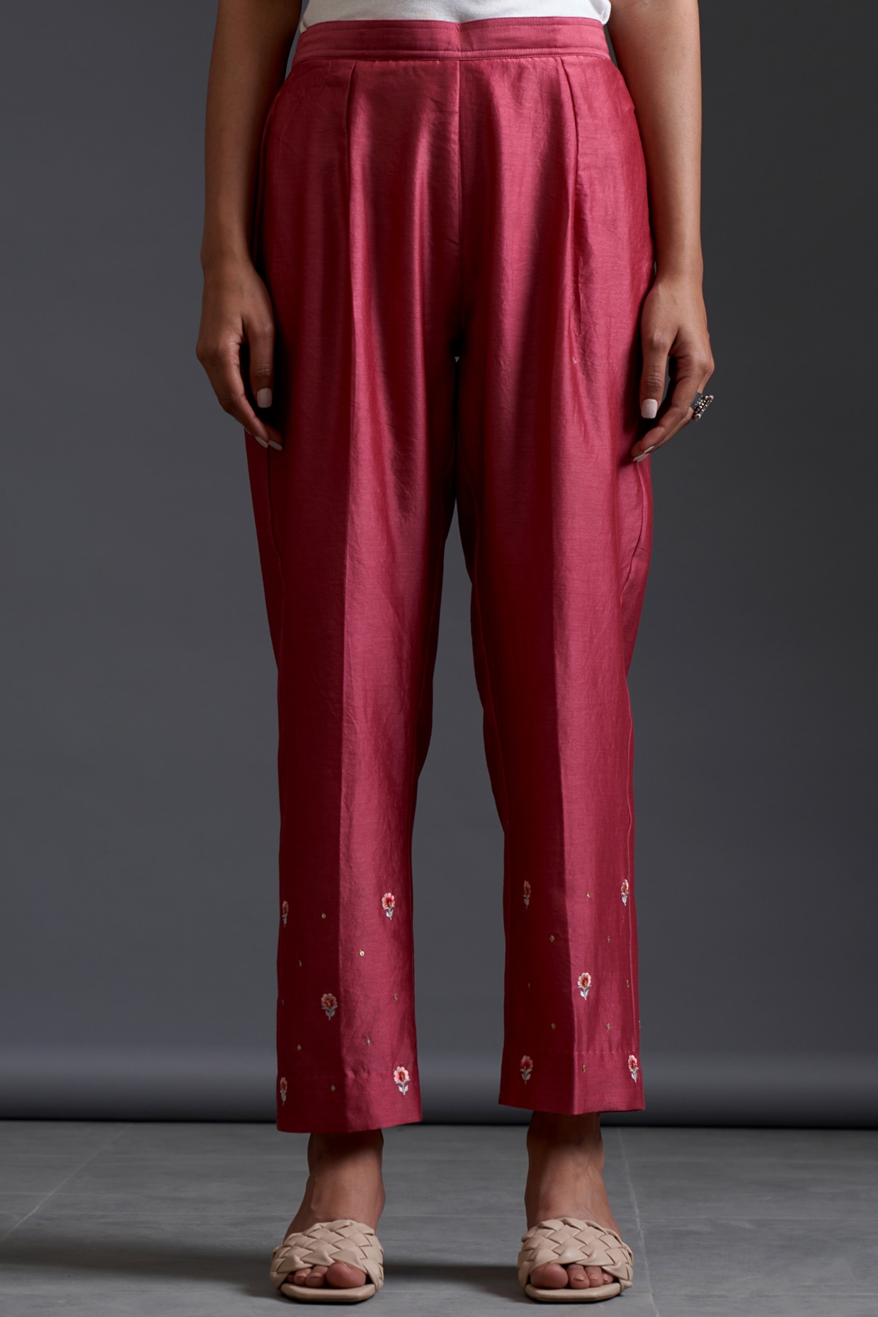 Burgundy Silk Chanderi Hand Embroidered Pants by Anantaa By Roohi ...