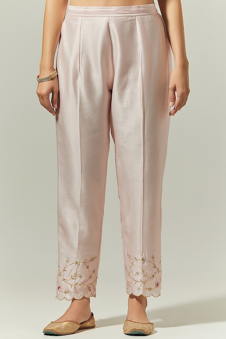 Light Pink Silk Chanderi Embroidered Palazzo Pant by Anantaa By Roohi Trehan