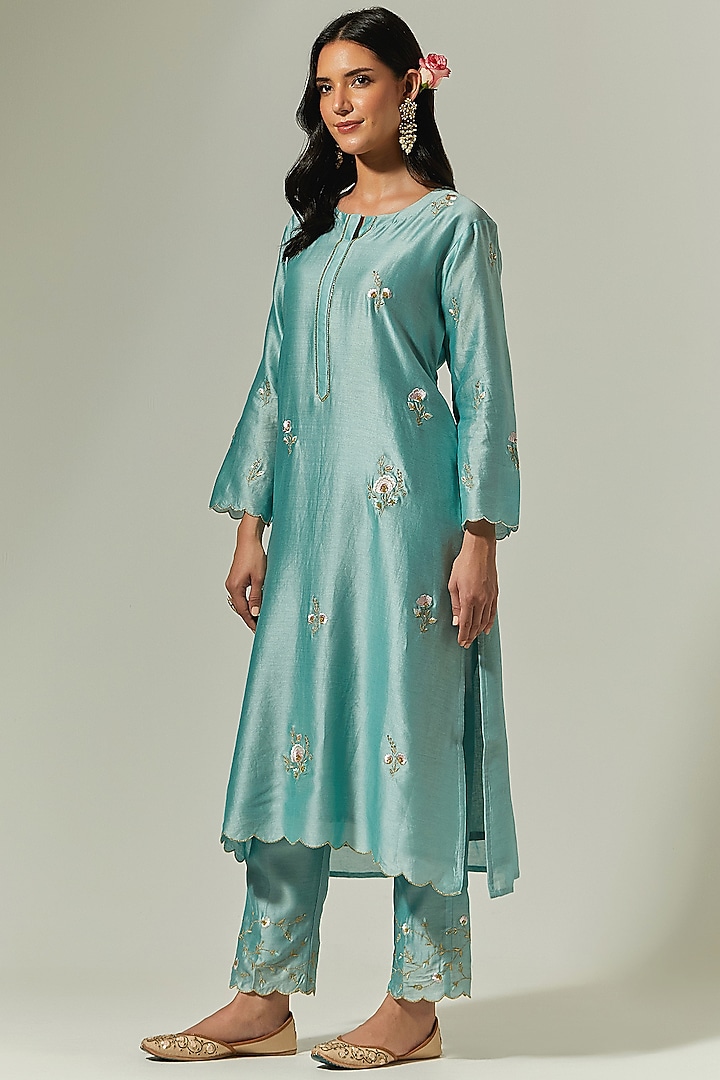 Blue Silk Chanderi Embroidered Palazzo Pant by Anantaa By Roohi Trehan at Pernia's Pop Up Shop