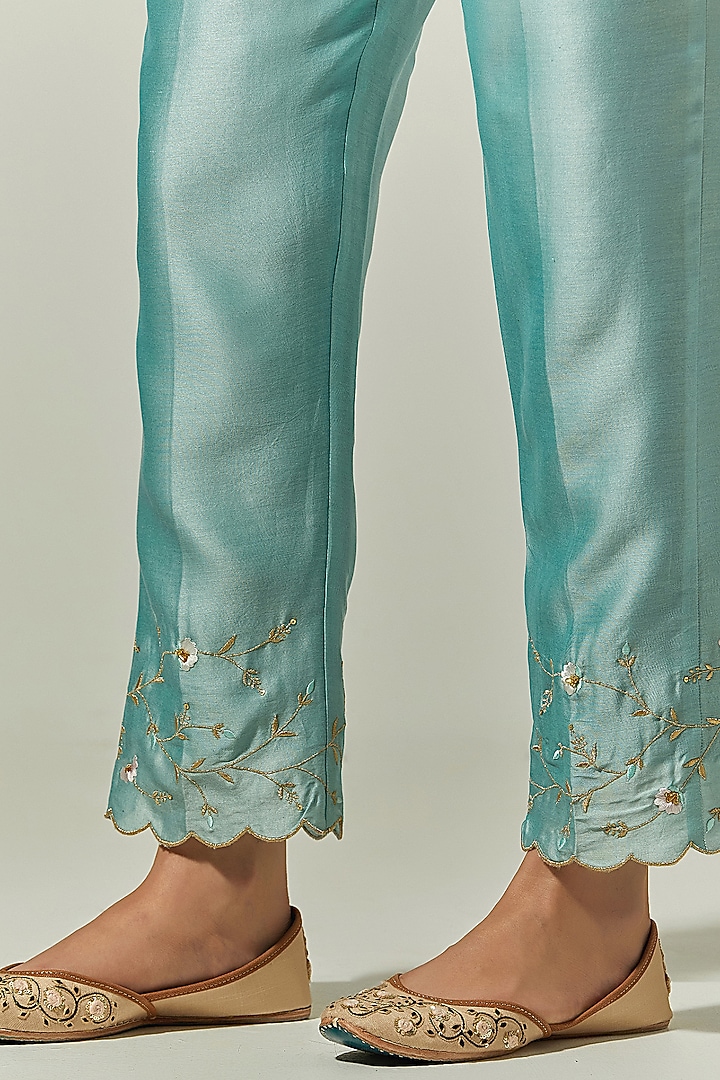 Blue Silk Chanderi Embroidered Palazzo Pant by Anantaa By Roohi Trehan at Pernia's Pop Up Shop