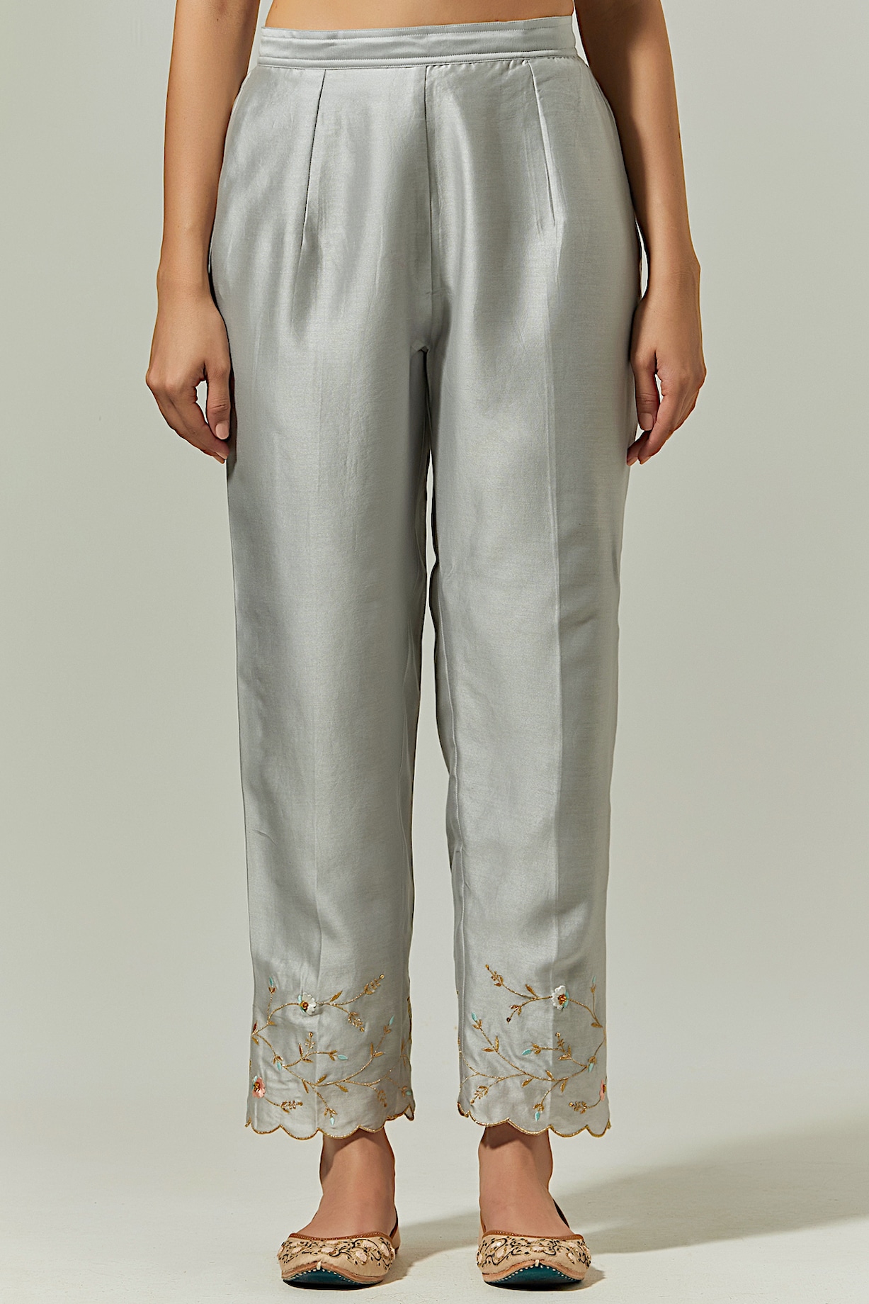 Off White Chanderi Cigarette Pants With Embroidered Borders