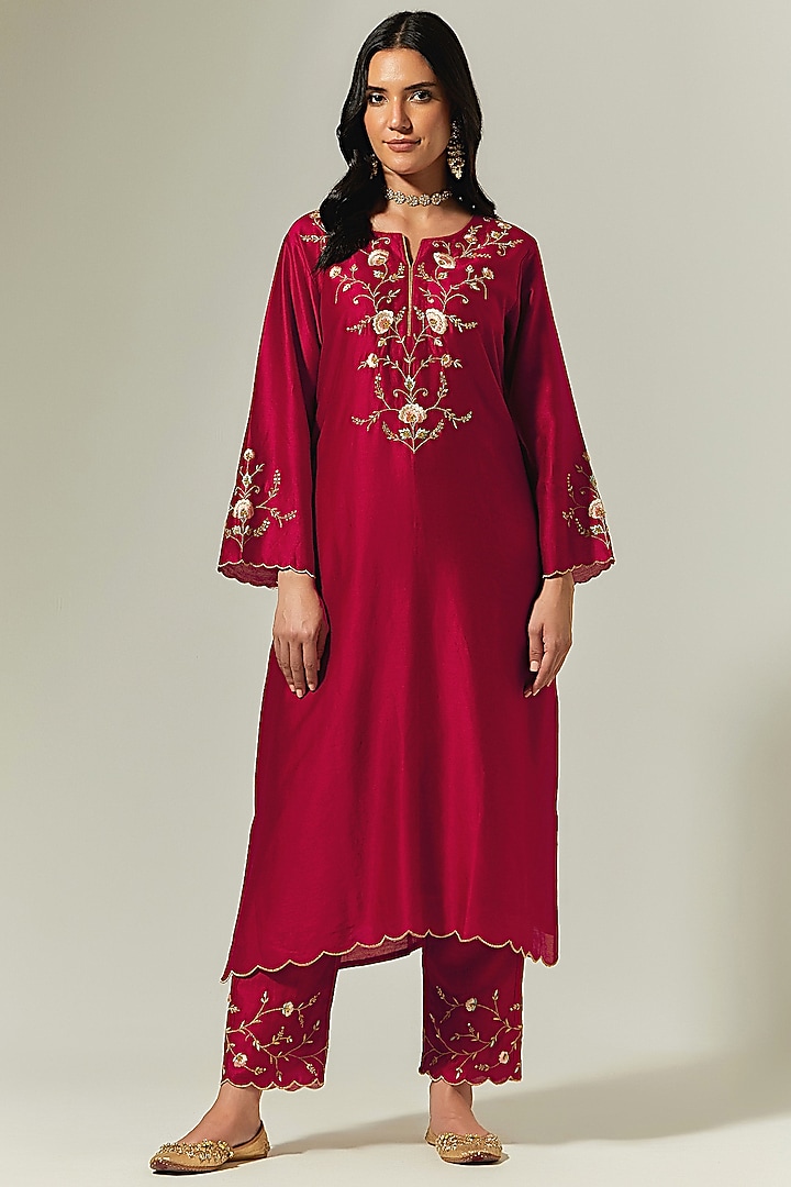 Red Silk Chanderi Embroidered Palazzo Pant by Anantaa By Roohi Trehan at Pernia's Pop Up Shop