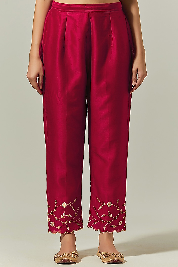 Red Silk Chanderi Embroidered Palazzo Pant by Anantaa By Roohi Trehan