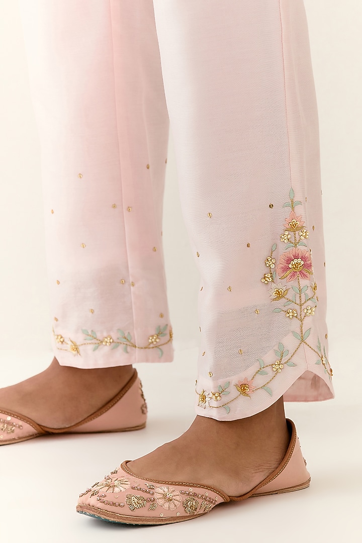 Light Pink Silk Chanderi Hand Embroidered Kurta Set by Anantaa By Roohi Trehan at Pernia's Pop Up Shop