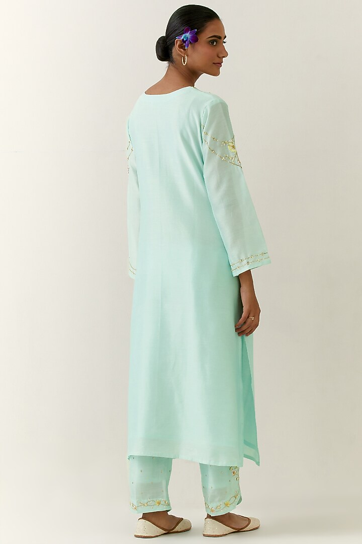 Mint Silk Chanderi Hand Embroidered Kurta Set by Anantaa By Roohi Trehan at Pernia's Pop Up Shop