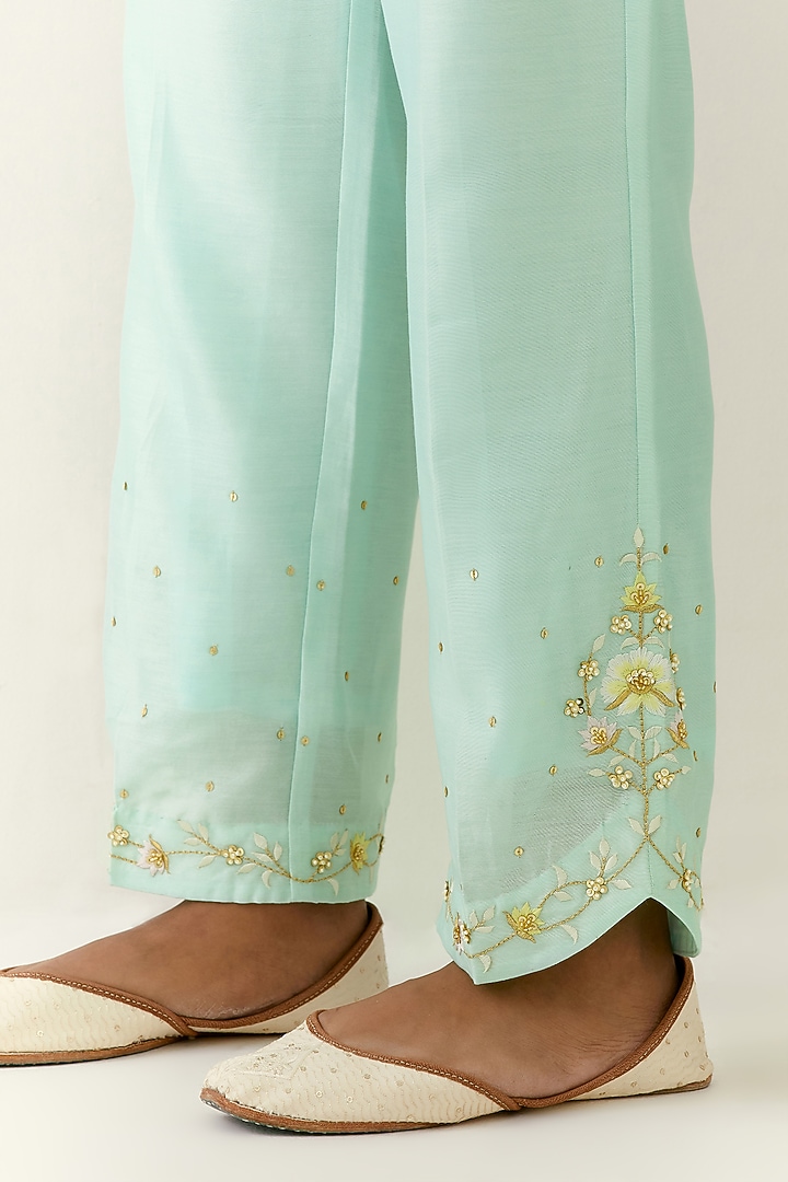 Mint Silk Chanderi Hand Embroidered Kurta Set by Anantaa By Roohi Trehan at Pernia's Pop Up Shop