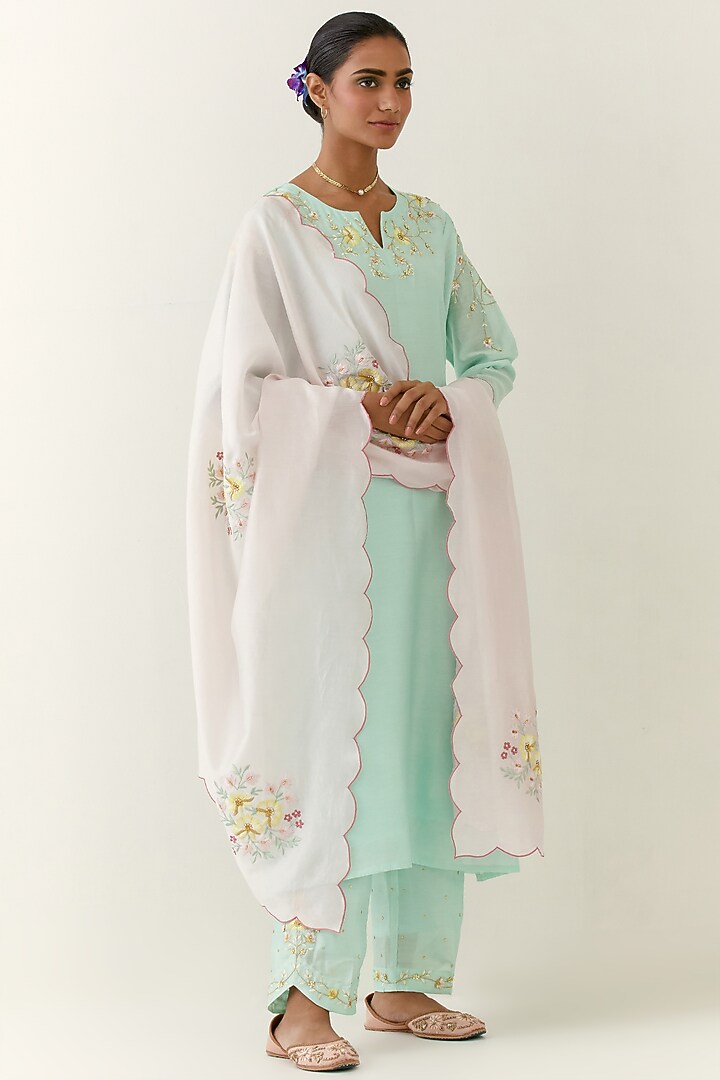 Mint Silk Chanderi Hand Embroidered Kurta Set by Anantaa By Roohi Trehan at Pernia's Pop Up Shop