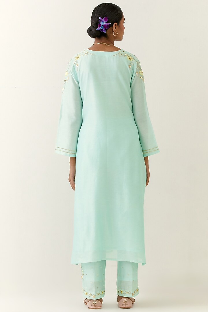 Mint Silk Chanderi Hand Embroidered Kurta Set by Anantaa By Roohi Trehan at Pernia's Pop Up Shop