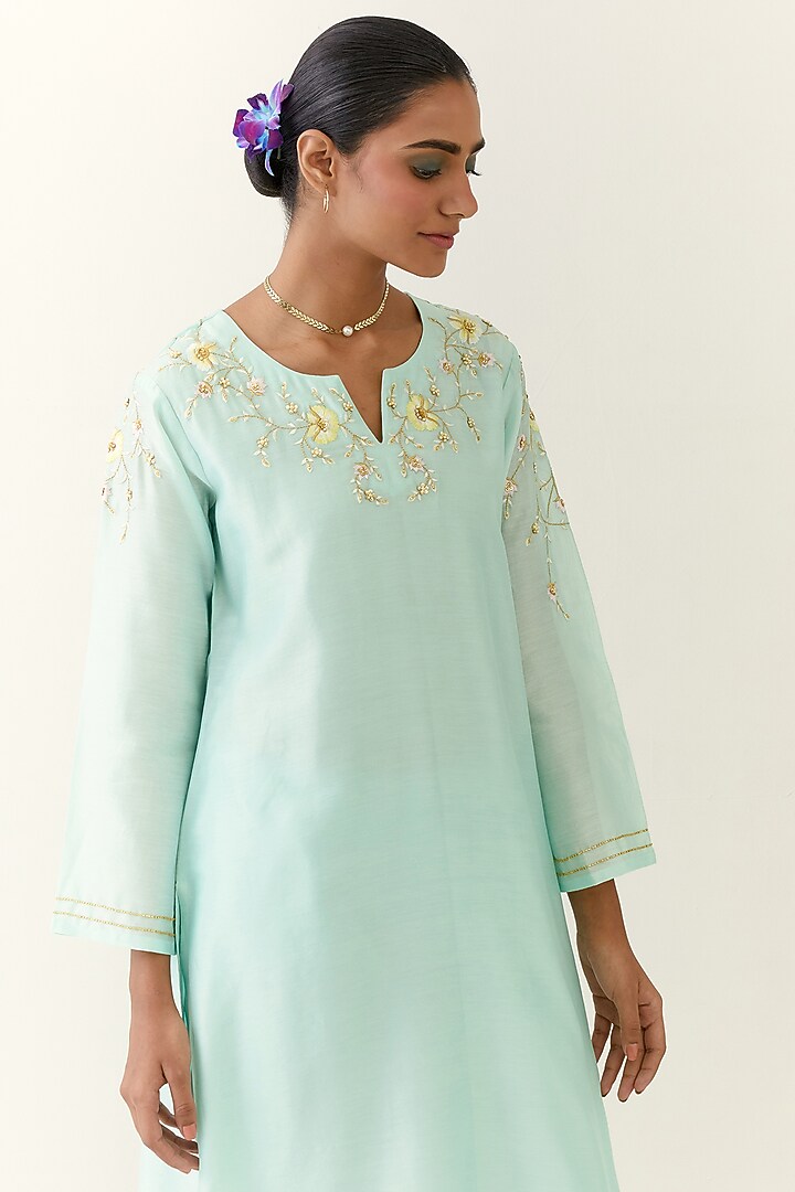 Mint Silk Chanderi Hand Embroidered Kurta Set by Anantaa By Roohi Trehan at Pernia's Pop Up Shop