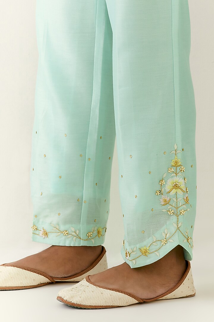 Mint Silk Chanderi Hand Embroidered Kurta Set by Anantaa By Roohi Trehan at Pernia's Pop Up Shop