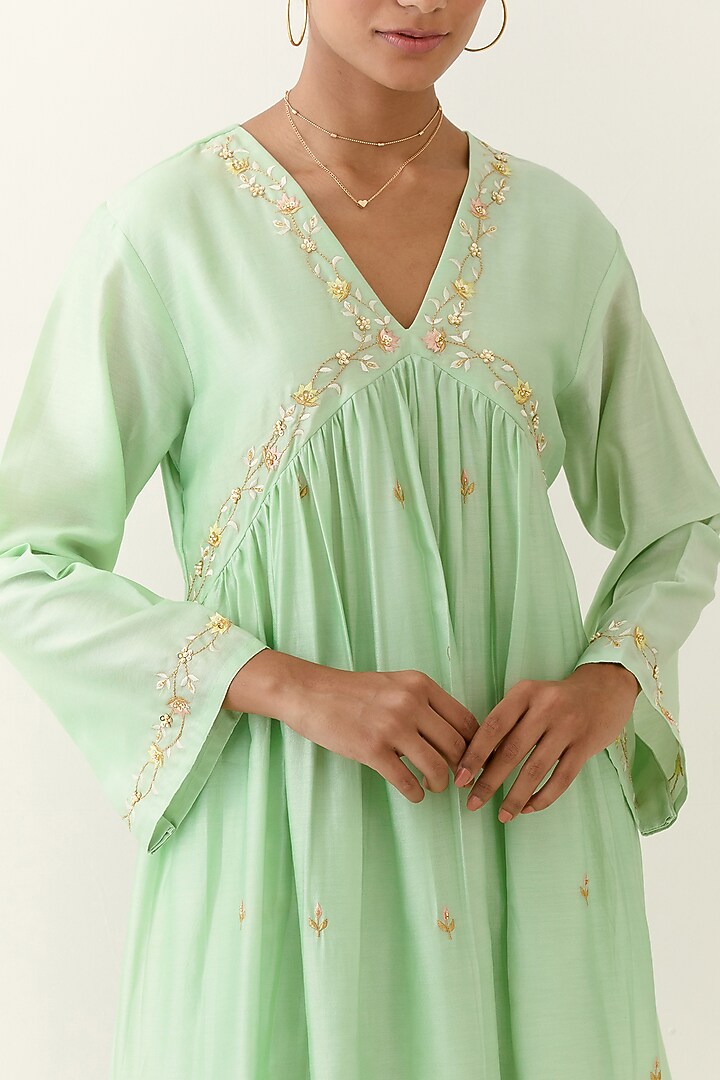 Green Silk Chanderi Hand Embroidered Gathered Kurta Set by Anantaa By Roohi Trehan at Pernia's Pop Up Shop
