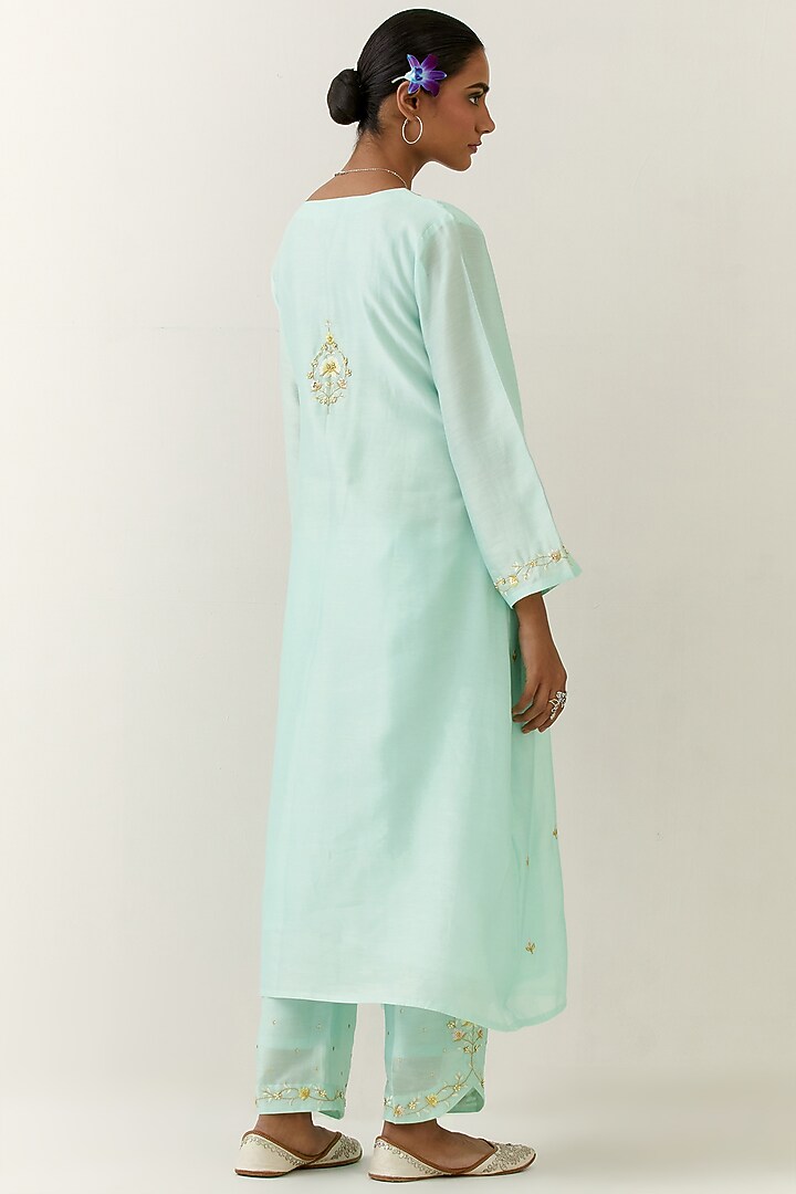 Mint Chanderi Hand Embroidered Gathered Kurta Set by Anantaa By Roohi Trehan at Pernia's Pop Up Shop