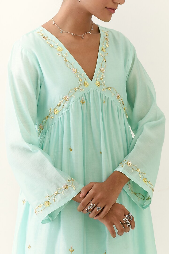 Mint Chanderi Hand Embroidered Gathered Kurta Set by Anantaa By Roohi Trehan at Pernia's Pop Up Shop