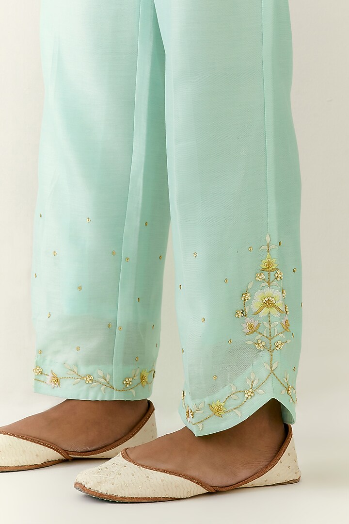 Mint Chanderi Hand Embroidered Gathered Kurta Set by Anantaa By Roohi Trehan at Pernia's Pop Up Shop
