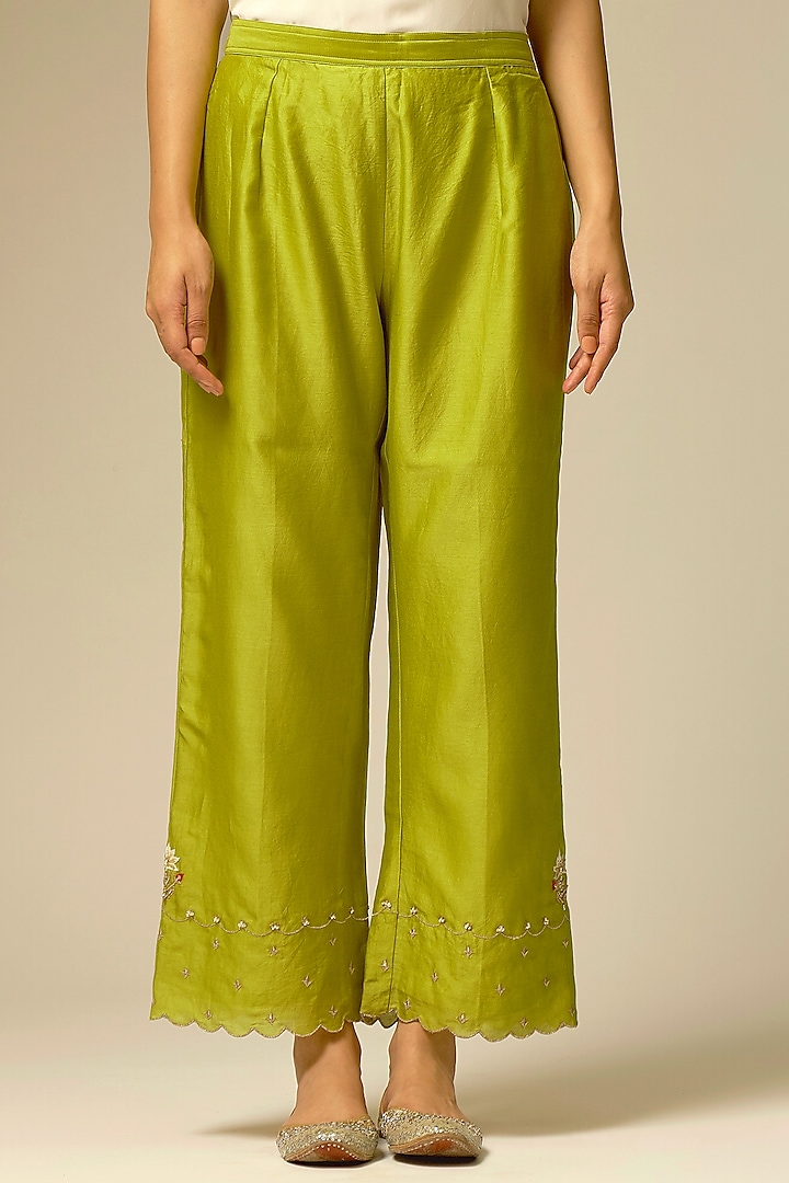 Lime Green Embroidered Palazzo Pants by Anantaa By Roohi Trehan