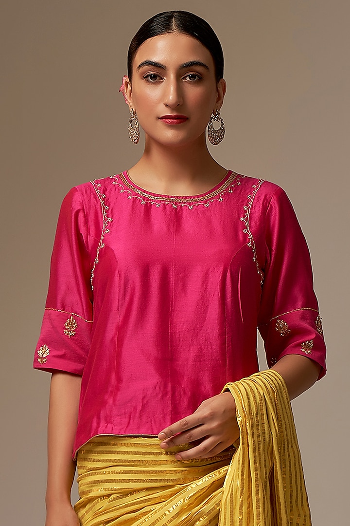 Fuchsia Silk Chanderi Embroidered Blouse by Anantaa By Roohi Trehan