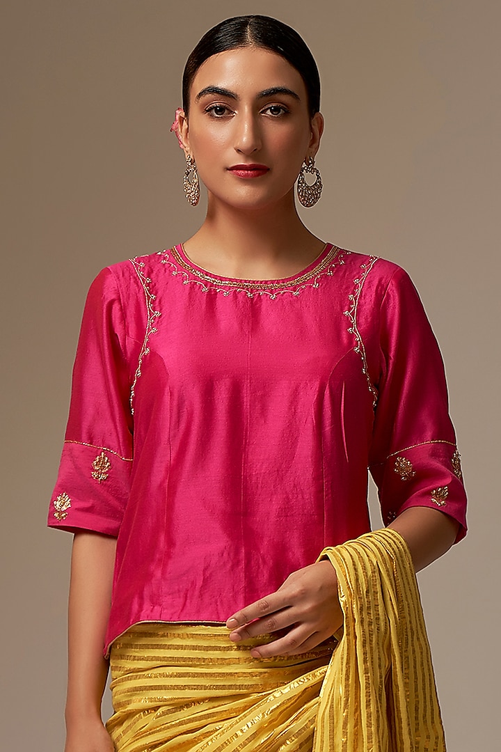 Fuchsia Silk Chanderi Embroidered Blouse by Anantaa By Roohi Trehan at Pernia's Pop Up Shop