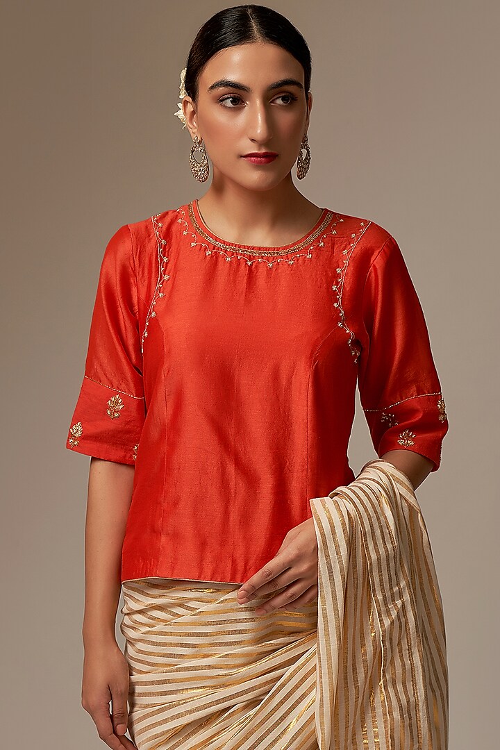 Orange Silk Chanderi Embroidered Blouse by Anantaa By Roohi Trehan