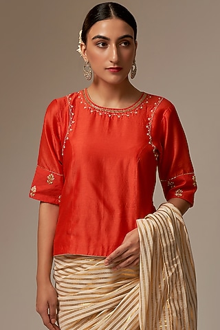 Orange Silk Chanderi Embroidered Blouse by Anantaa By Roohi Trehan