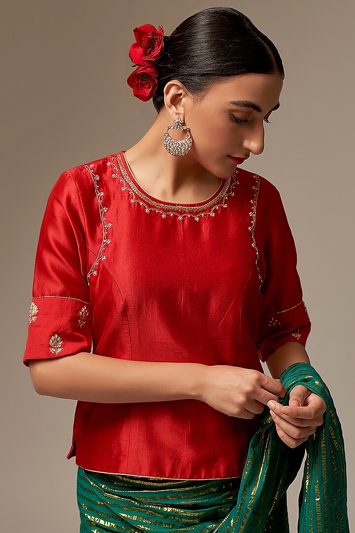Red Silk Chanderi Embroidered Blouse by Anantaa By Roohi Trehan