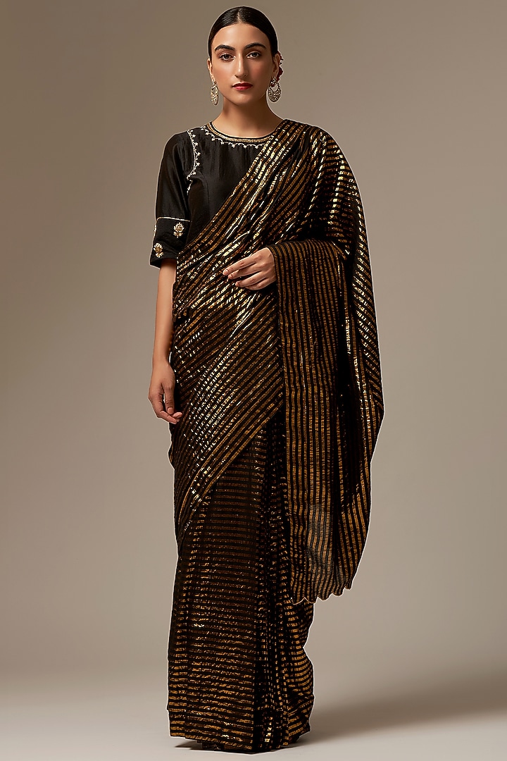 Black Silk Chanderi Embroidered Blouse by Anantaa By Roohi Trehan at Pernia's Pop Up Shop