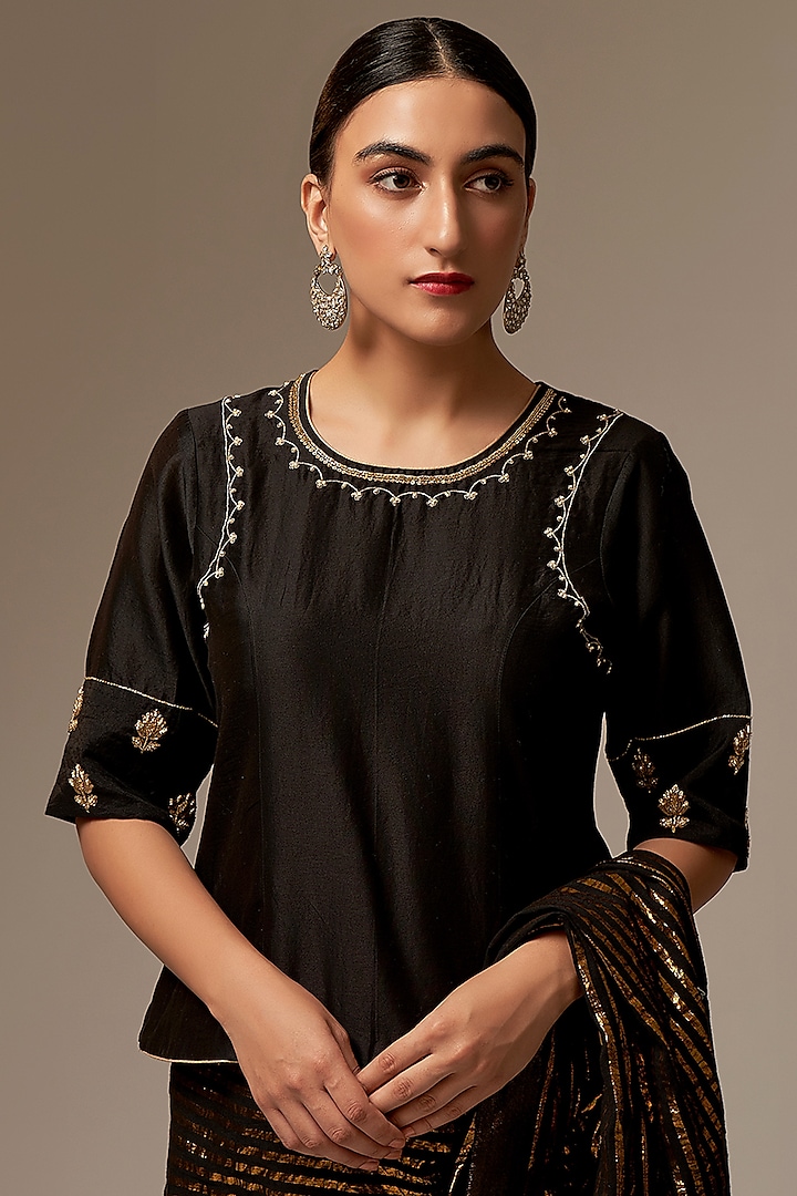 Black Silk Chanderi Embroidered Blouse by Anantaa By Roohi Trehan