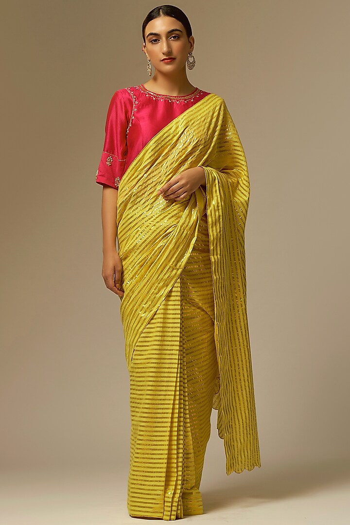 Yellow Cotton & Lurex Printed Saree by Anantaa By Roohi Trehan