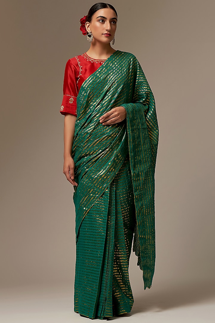 Green Cotton & Lurex Printed Saree by Anantaa By Roohi Trehan