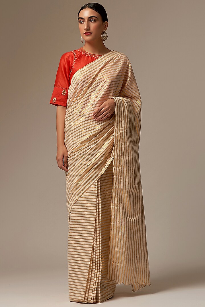 Off-White Cotton & Lurex Printed Saree by Anantaa By Roohi Trehan