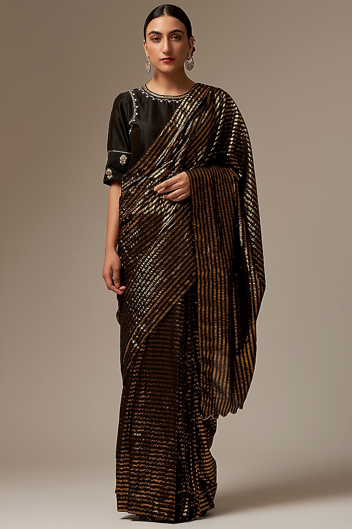 Black & Gold Cotton & Lurex Printed Saree by Anantaa By Roohi Trehan