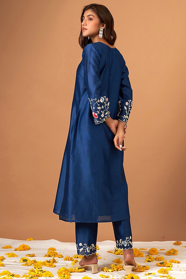 Blue Silk Chanderi Embroidered Kurta Set by Anantaa By Roohi Trehan at Pernia's Pop Up Shop