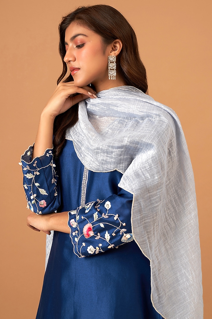 Blue Silk Chanderi Embroidered Kurta Set by Anantaa By Roohi Trehan at Pernia's Pop Up Shop