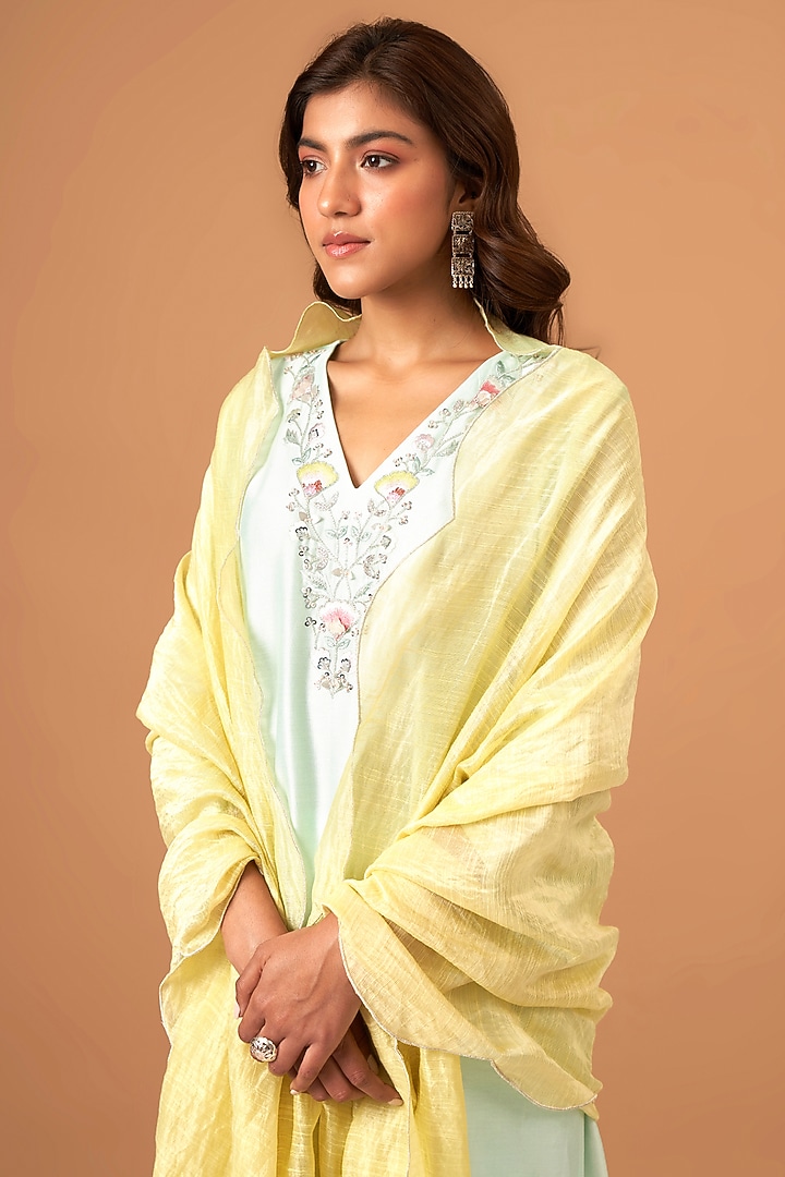Mint Silk Chanderi Embroidered Kurta Set by Anantaa By Roohi Trehan at Pernia's Pop Up Shop