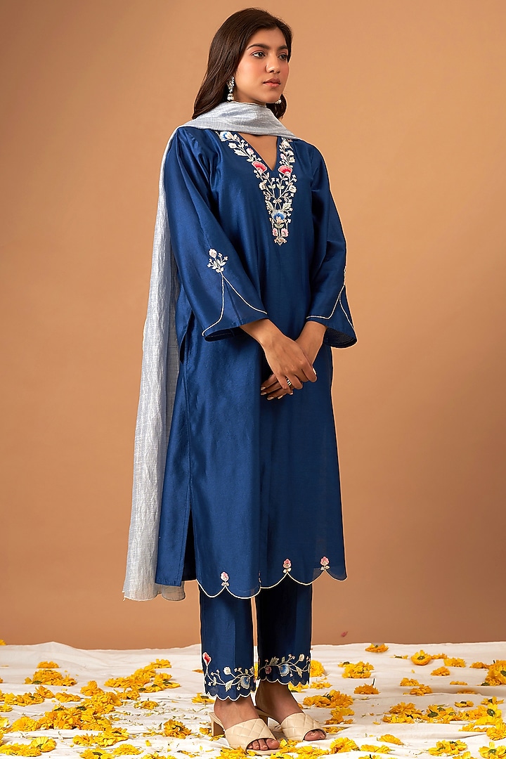 Blue Silk Chanderi Embroidered Kurta Set by Anantaa By Roohi Trehan