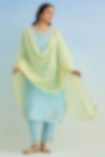 Blue Mul Chanderi Thread Embroidered Kurta Set by Anantaa By Roohi Trehan at Pernia's Pop Up Shop