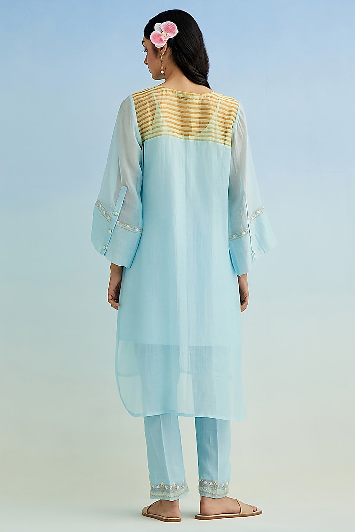 Blue Mul Chanderi Thread Embroidered High-Low Kurta Set by Anantaa By Roohi Trehan at Pernia's Pop Up Shop