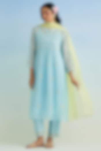 Blue Mul Chanderi Embroidered Kurta Set by Anantaa By Roohi Trehan at Pernia's Pop Up Shop
