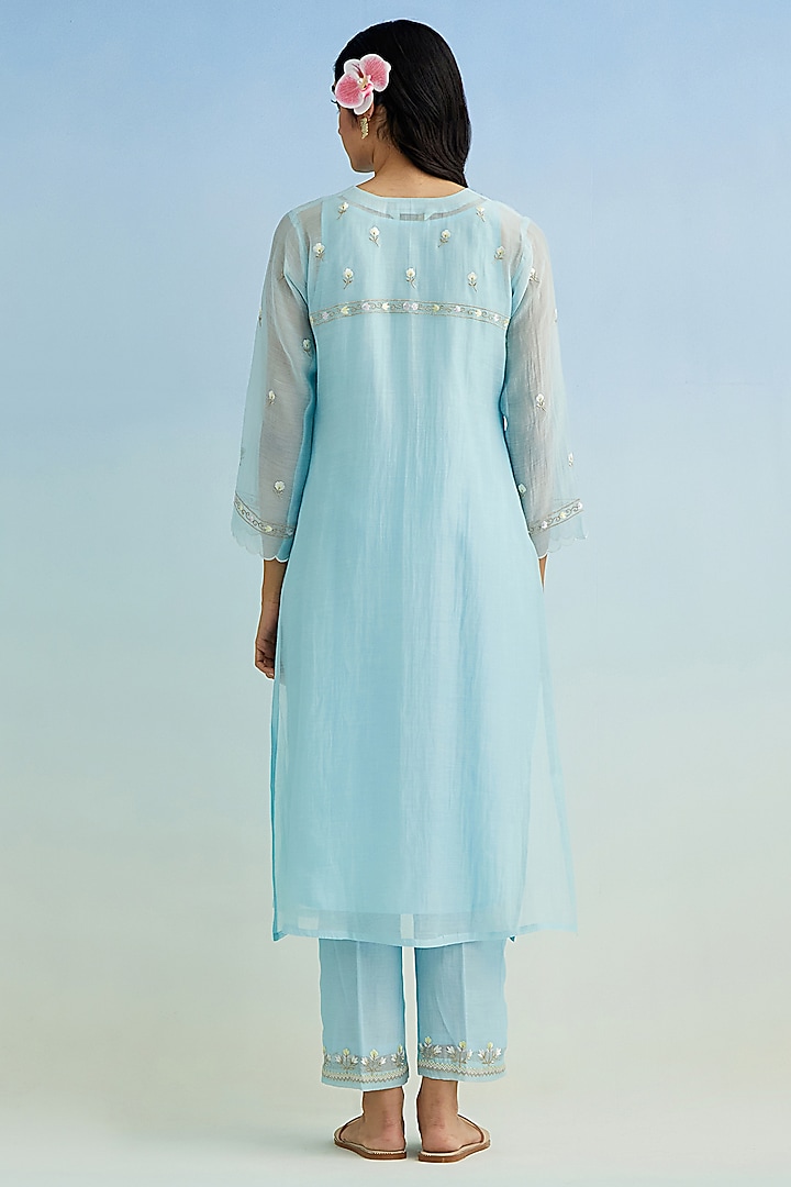 Blue Mul Chanderi Embroidered Kurta Set by Anantaa By Roohi Trehan at Pernia's Pop Up Shop