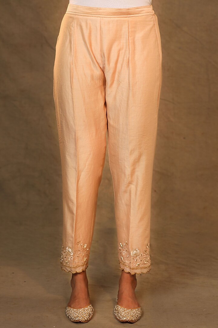 Beige Silk Embroidered Pants by Anantaa By Roohi Trehan