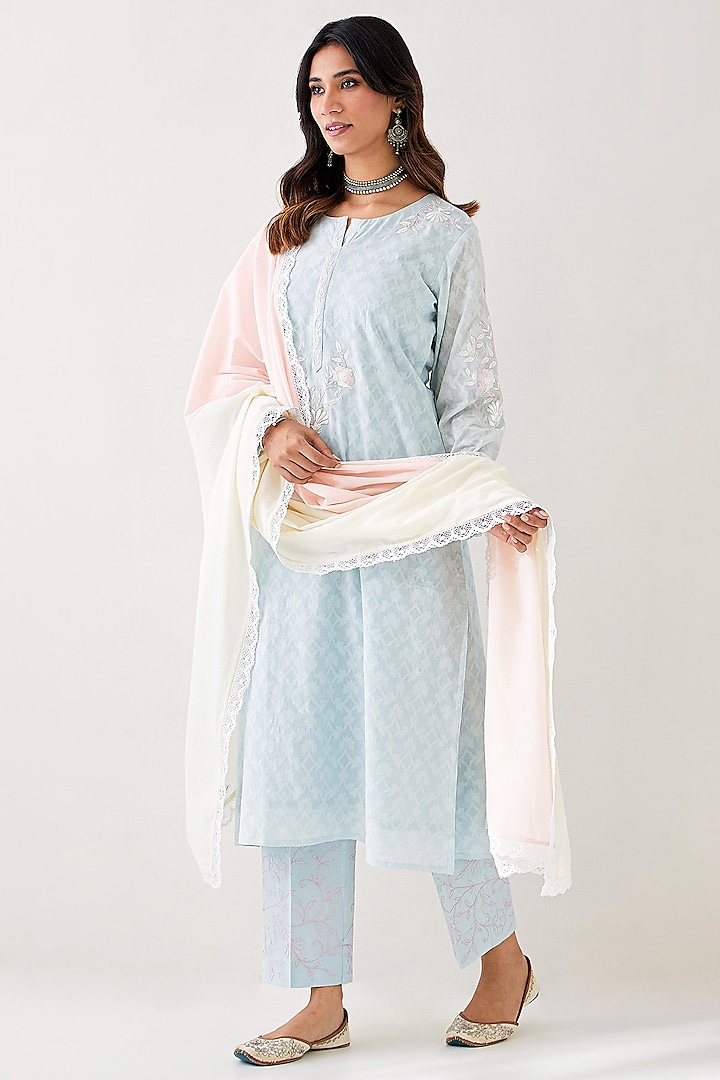 Light Blue Cotton Jacquard Embroidered Kurta Set Design by Anantaa By