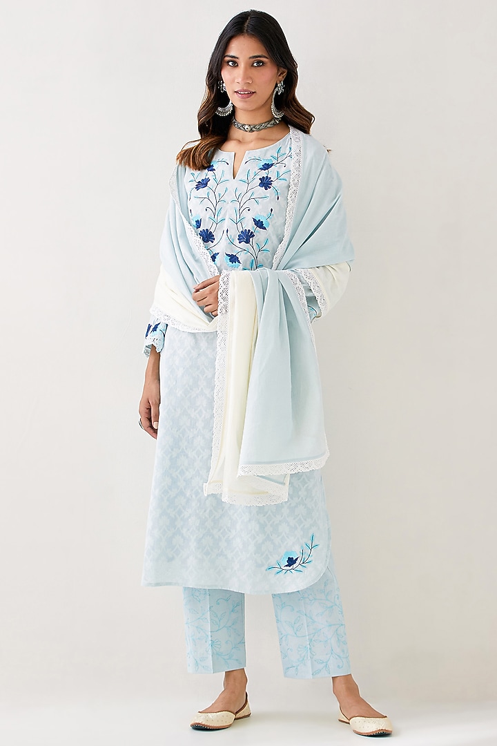 Light Blue Cotton Jacquard Embroidered Kurta Set Design by Anantaa By