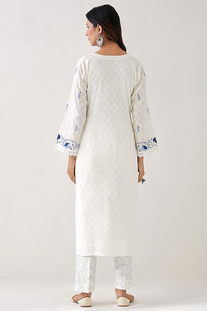 Off-White Cotton Jacquard Embroidered Kurta Set Design by Anantaa